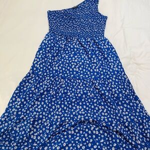 Elegant One Shoulder Blue Floral Dress